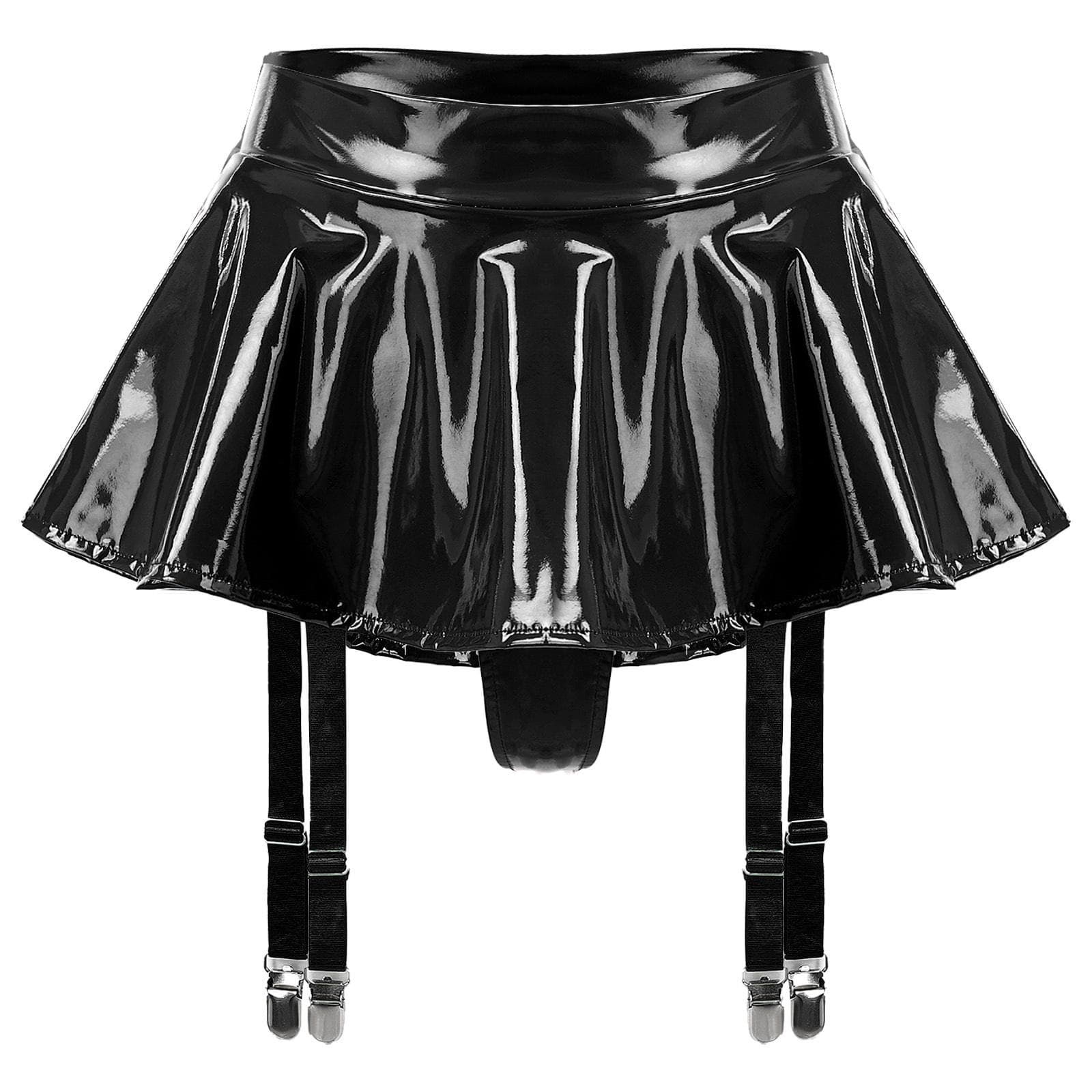 Womens Patent Leather Ruffle Skirt Built In Thongs Garter Clips Mini Clubwear 3XL black