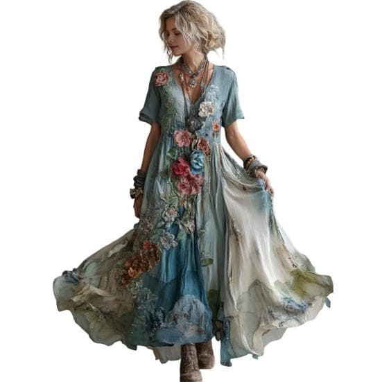 Floral Print Maxi Dress Short Neck Swing Sleeve V Dress Boho Flowy A-Line Dress Casual XXL blue
