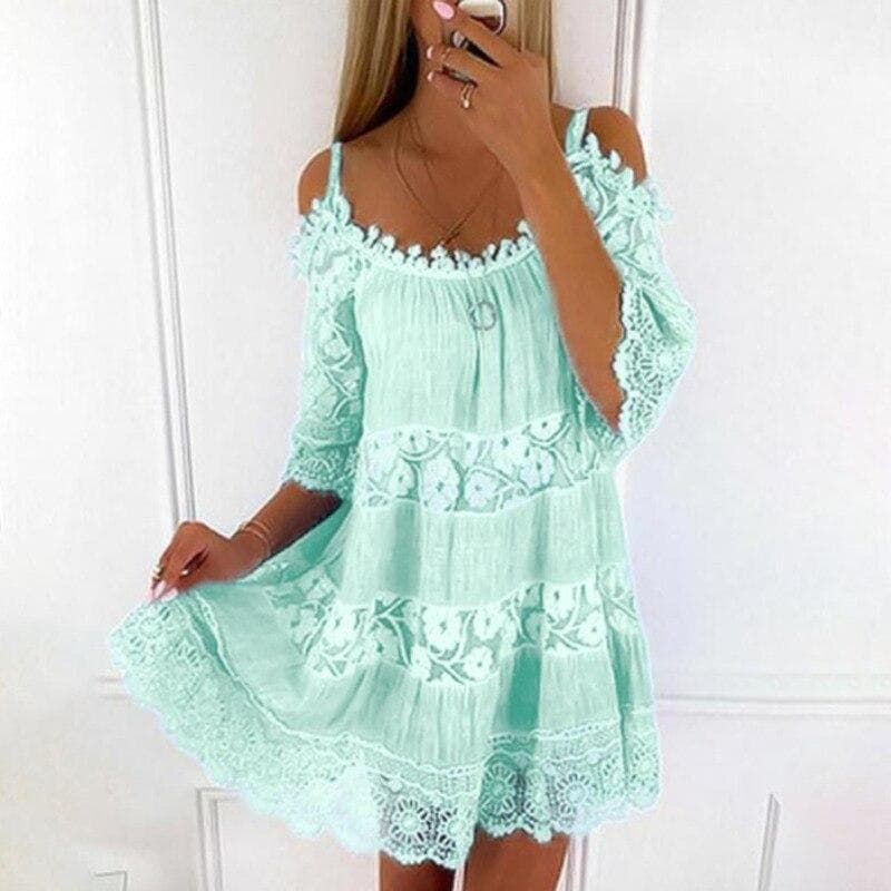 Sexy Off Shoulder Lace Dress Casual Loose Sweet Dress Summer Short Sleeve Camisole Solid Color O-neck Short Mini Dresses 26249 5XL green