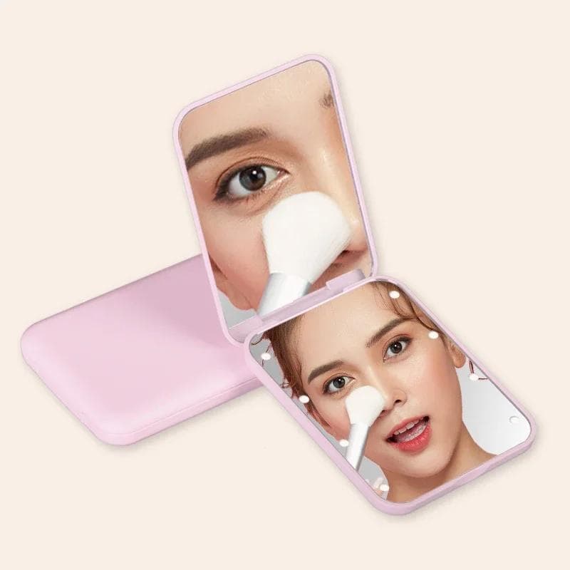 Mini Compact Led Makeup Mirror with Light 2X Magnifying Small Pocket Portable Travel Pink Black Foldable Cosmetic Vanity Mirrors pink