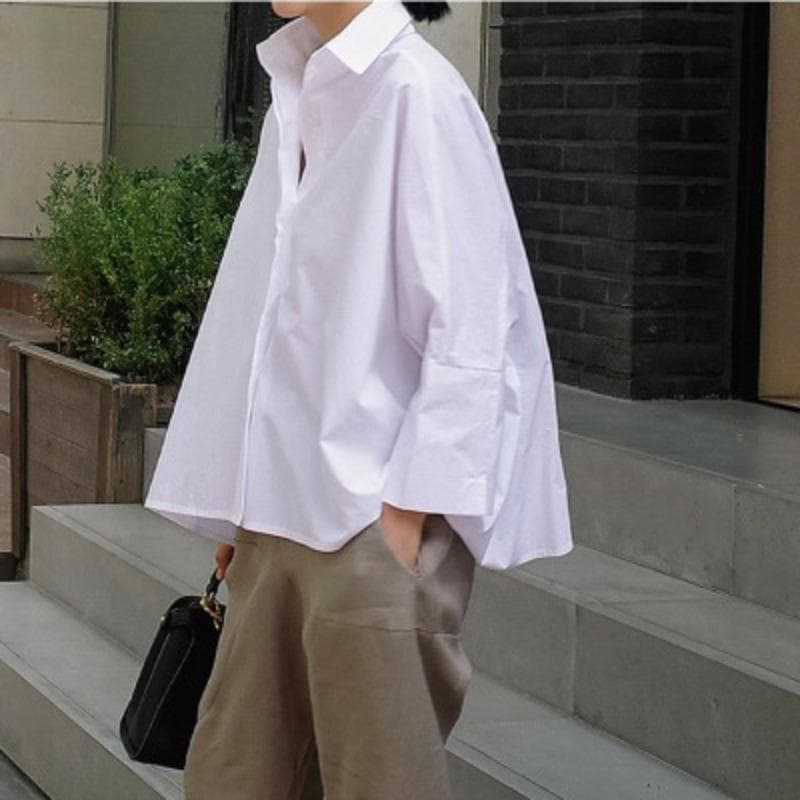 New long-sleeved shirt women's loose large-size cotton bat-sleeved fashion shirt L white