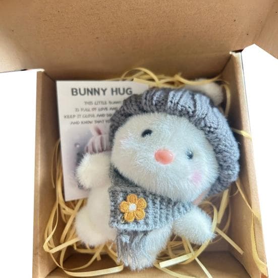 Handmade Mini Bunny Hug Easter Gift with Card Stuffed Plush Bunny Figurine in A Box Cute Pocket Bunny Emotional Support Gift for Women Men