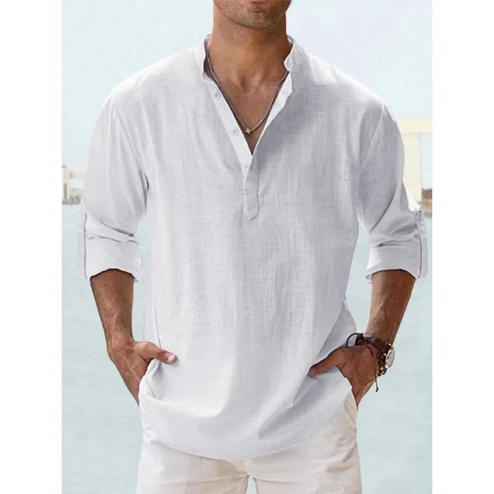 New Cotton Linen Shirts for Men Casual Shirts Lightweight Long Sleeve Henley Beach Shirts Hawaiian T Shirts for Men Streetwear US XL 80-90 KG white