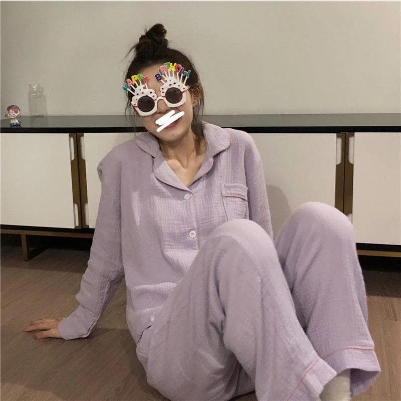 Women's Pajamas New Autumn Spring Long Sleeve Soft Sleepwear Set Solid Color Pyjama Woman Home Nightwear Set Cardigan XXL purple