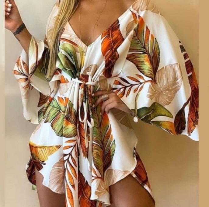 Summer Women's Sexy V-Neck Irregular Bat Sleeve Tie Dress M