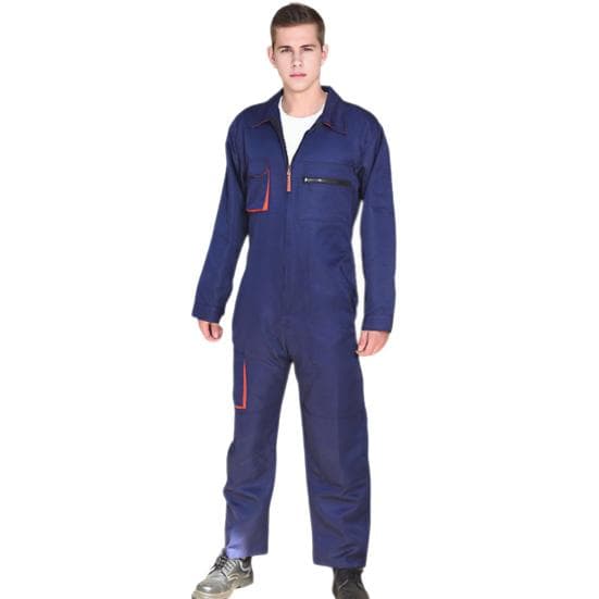 Men Work Overall Uniform Lapel Long Sleeve Stain-Resistant Zipper Design Pockets Jumpsuit Loose Fit M navy blue