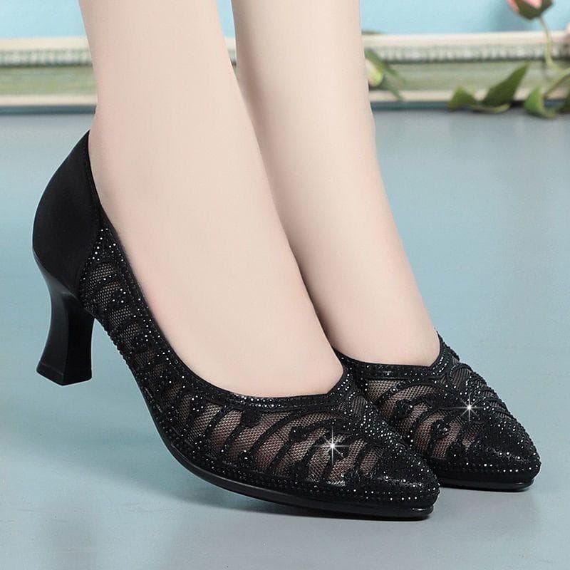 Breathable High Heels Women's Summer Bag Head Mesh Rhinestone Pointed Toe Openwork Women's Sandals 38 black
