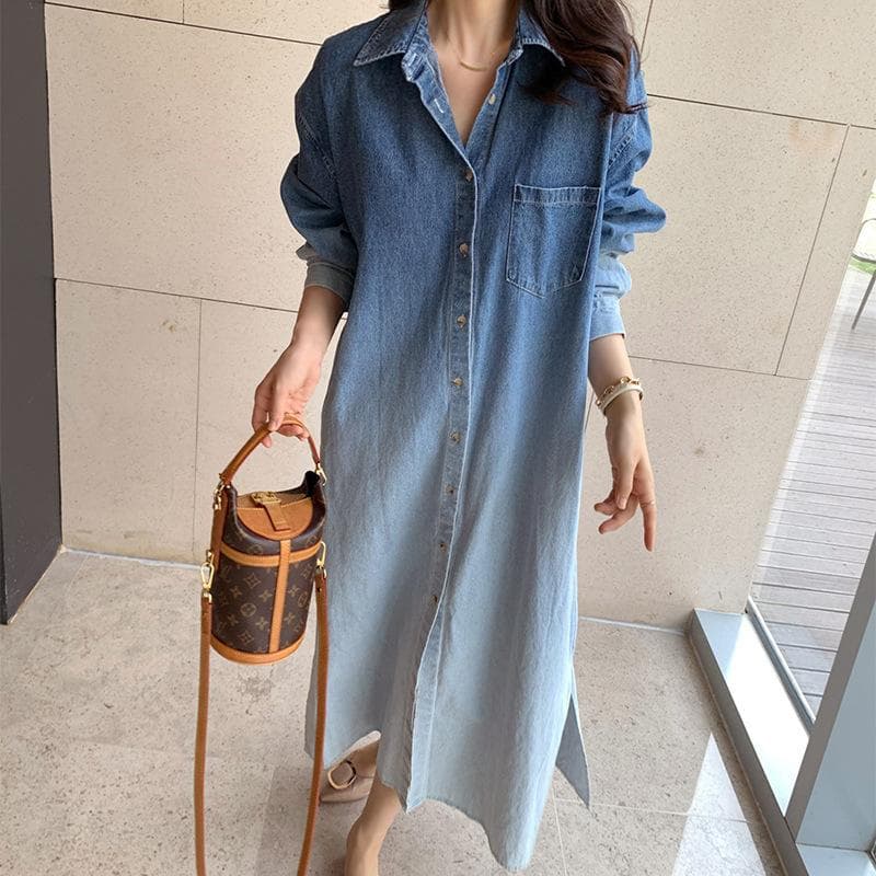 Autumn Niche Design Lapel Single-breasted Contrasting Color Washed Denim Dress for Women XL