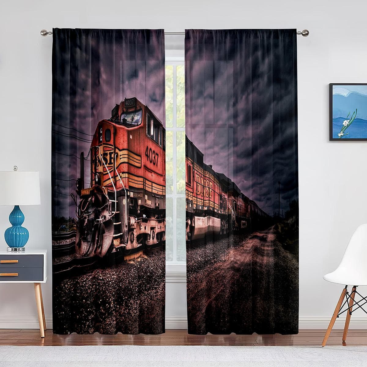 Vintage Industrial Steam Engine Railway Tulle Curtains for Living Room Bedroom Decor Chiffon Sheer Voile Kitchen Window Curtain 1 PCS W100XH250cm&Grommet Top