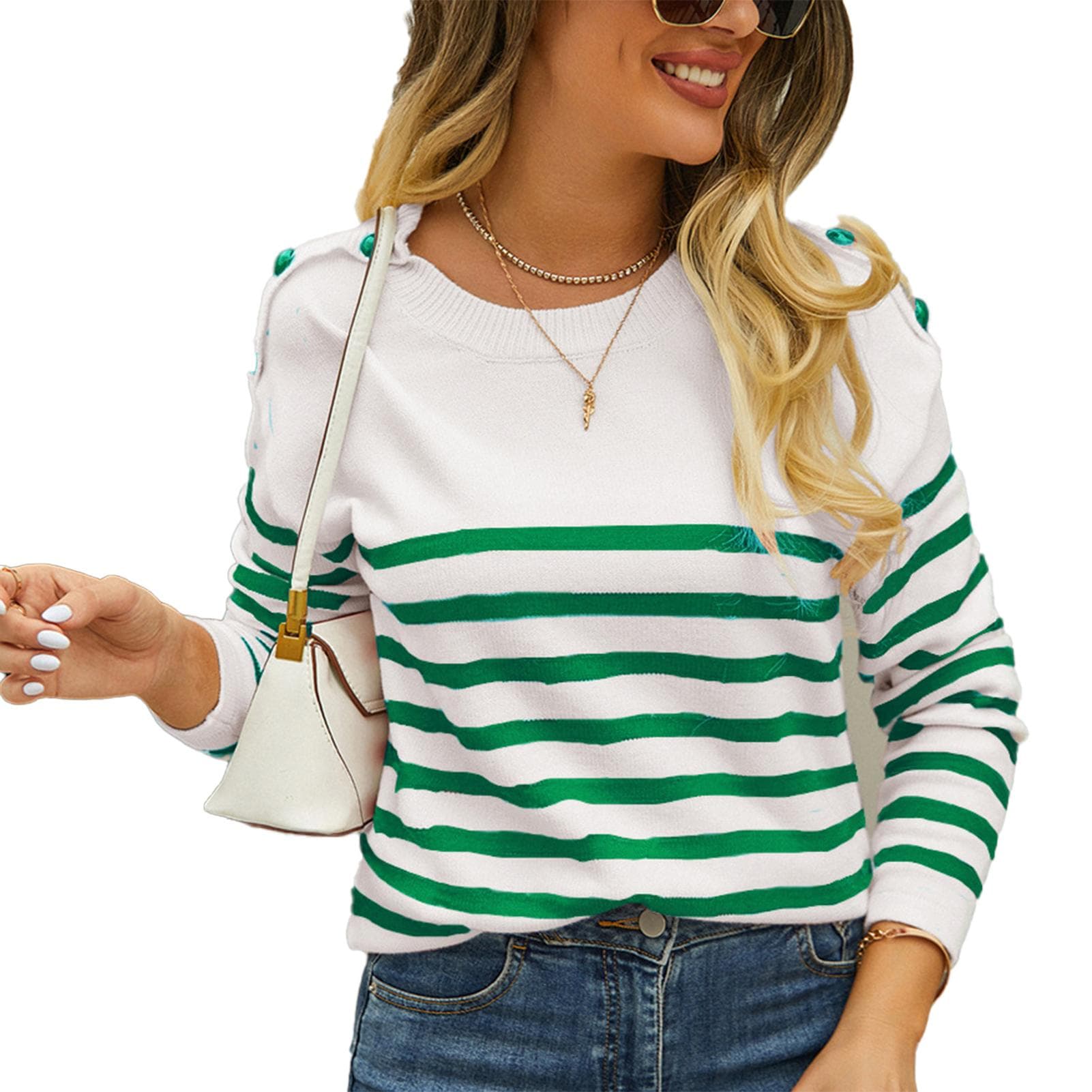 Women Striped Sweater Round Neck Button Trim Long Sleeves Loose Fitting Casual Knitted Top Green L M green