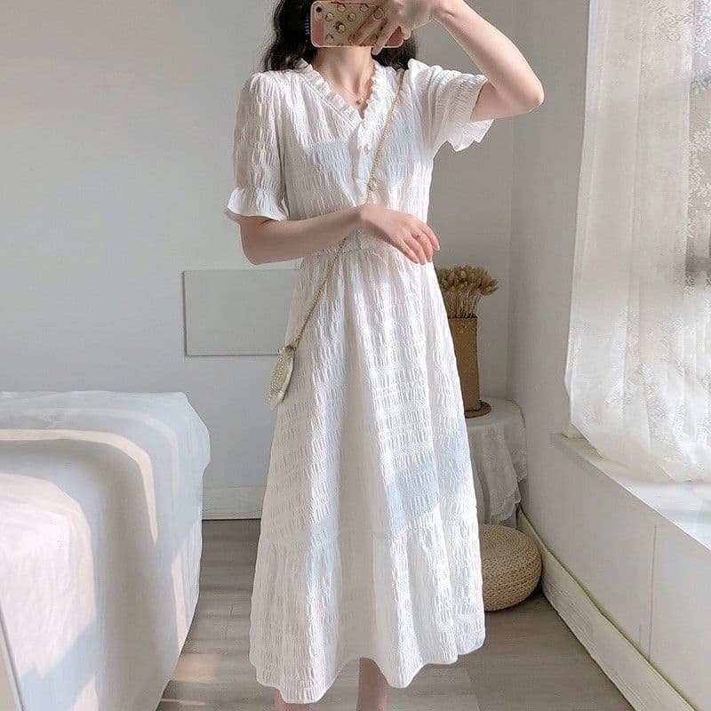 Vintage V Neck Dress Short Sleeve Breathable White Dresses Summer New Korean Fashion A Line French Style Frcok Wholesale 2XL white