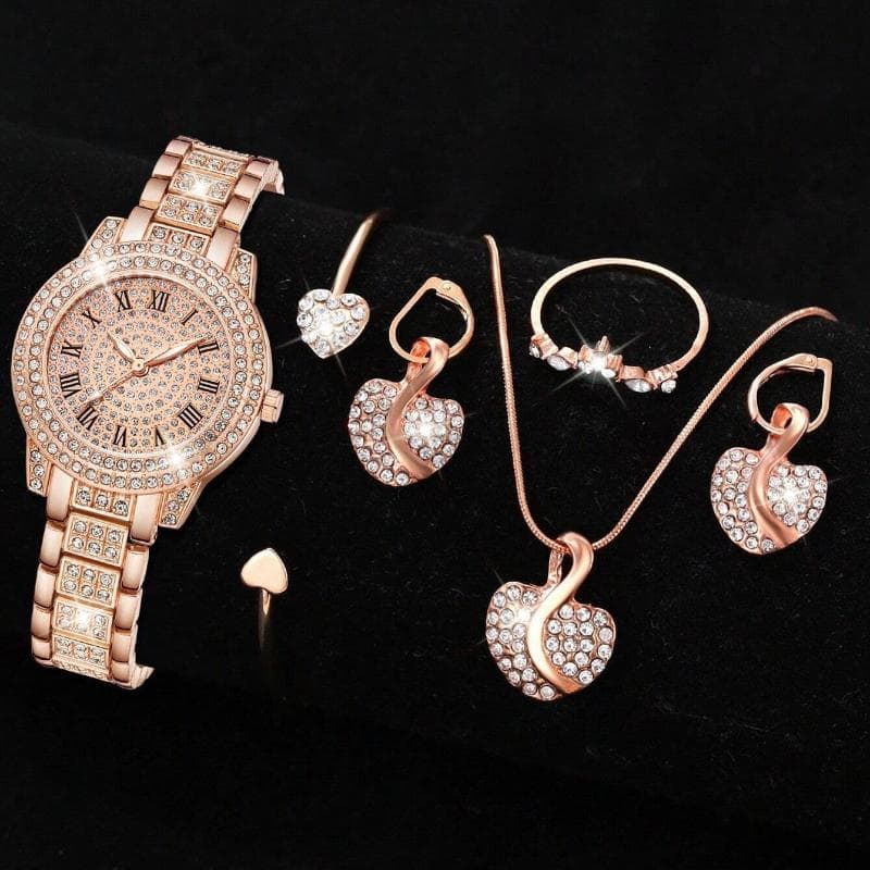 6 Pcs/Set Women's Watches, Luxury Rhinestone Quartz Watch, Roman Fashion Analog Watch and Jewelry Set, Gift for Mom and Her