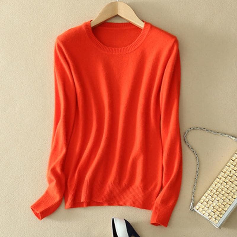Women's Cozy Knitted Pullover Sweater Crew Neck Fuzzy Slim Fit Red Black Sweater M orange