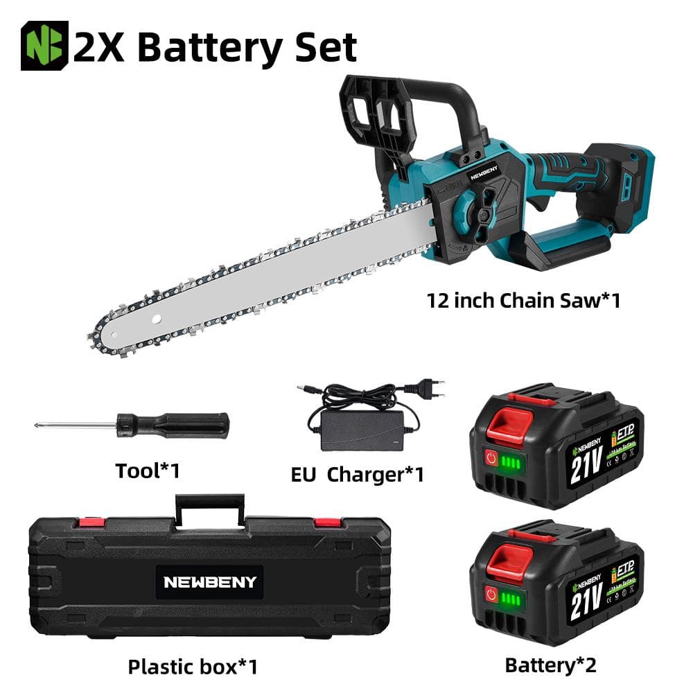 NEWBENY 12 Inch Brushless Electric Chainsaw LED Display Cordless Wood Cutting Garden Logging Saw For Makita 18V Battery 2 Battery Set