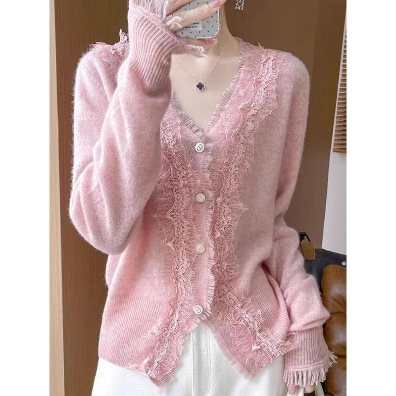 Autumn V-neck Lace Cardigan for Women Knitted Age-reducing Sweater Cashmere Loose Top XL pink