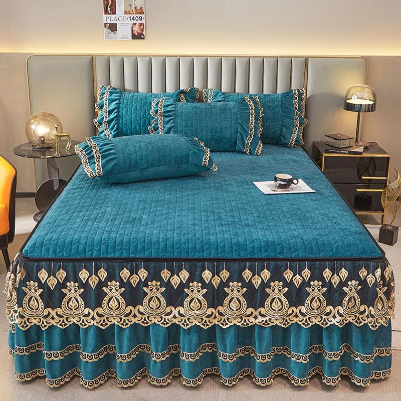 Dark Blue Luxury Lace Winter Bedspread Thick Home Bed Skirt-style Bed Sheets Embroidery Cotton European-style Bed Spreads 180x200cm 3pcs