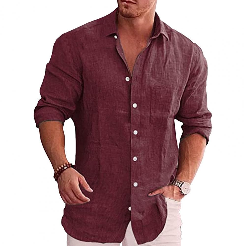 Spring Fall Men Shirt Turn-down Collar Chest Pocket Single-breasted Loose Long Sleeves Button Cardigan Mid Length Casual Daily W M wine red