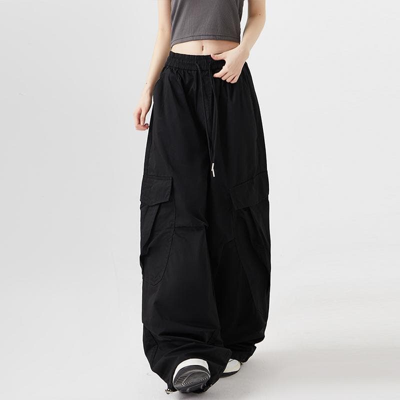 Women Big Pockets Cargo Pants Y2k High Elastic Waist Drawstring Baggy Trousers Vintage Casual Loose Wide Leg Straight Pants M black