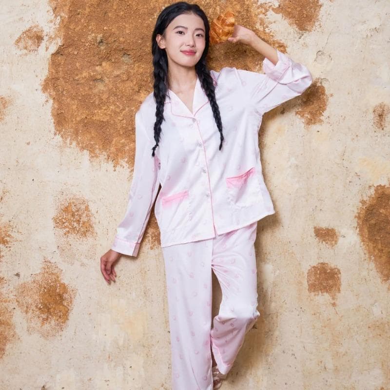 Pink Sweet Pajamas Lapel Pajamas Set Home Clothes Silk Satin Casual Pajamas Long Sleeve Shirts Pants Home Clothes XL