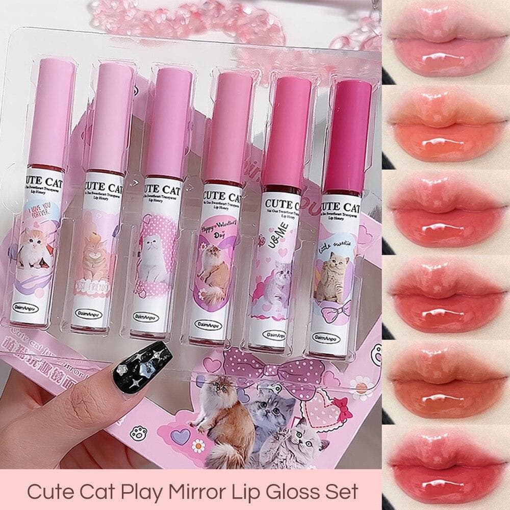 6Pcs/set Cute Cat Mirror Lip Glaze 6 Colors Lip Gloss Highly Pigmented Lip Stain Hydrating Glossy Lip Makeup Lipstick