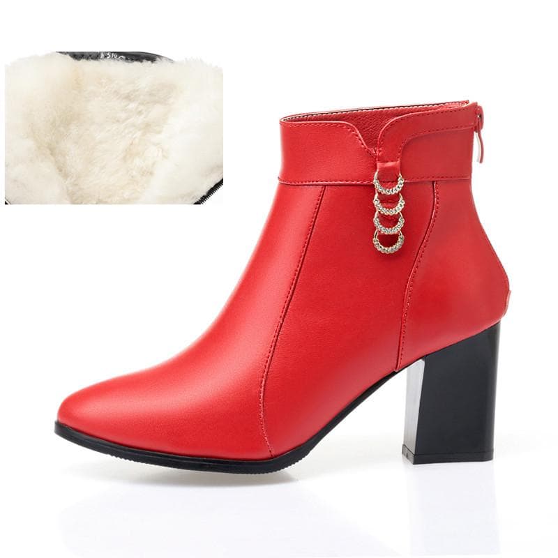 Women's Ankle Boots Genuine Leather Women's Fashion Boots Red Pointed Rhinestone Winter Boot 36 red