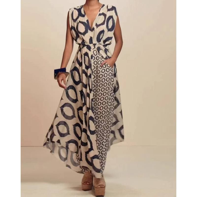 Elegant Printed Sleeveless Lace Up Tops+Slim Pants Suit Chic Double V Hollow Out 2 Piece Sets Summer New Casual Vacation Outfits S