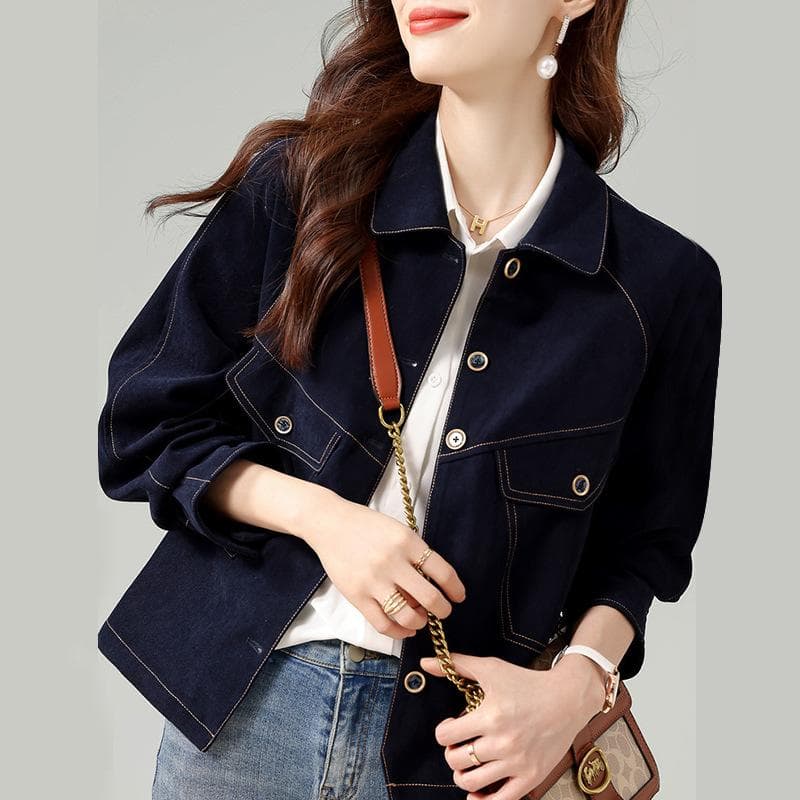 Autumn New Fashion Retro Imitation Denim Wash Korean Version Versatile and Thin Short Jacket M Dark blue