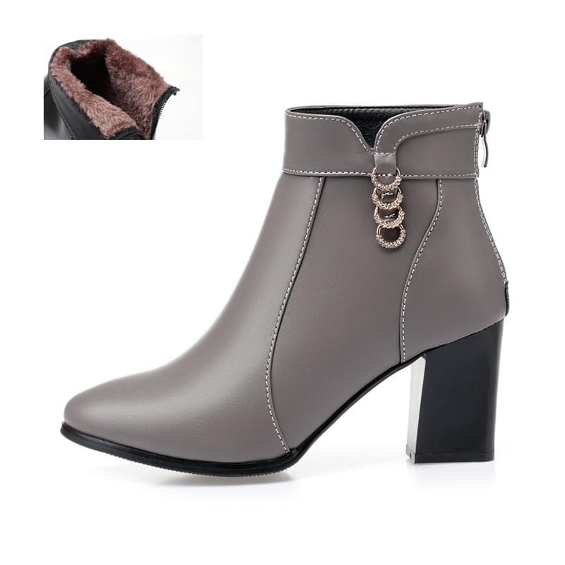 Women's Ankle Boots Genuine Leather Women's Fashion Boots Red Pointed Rhinestone Winter Boot 36 grey