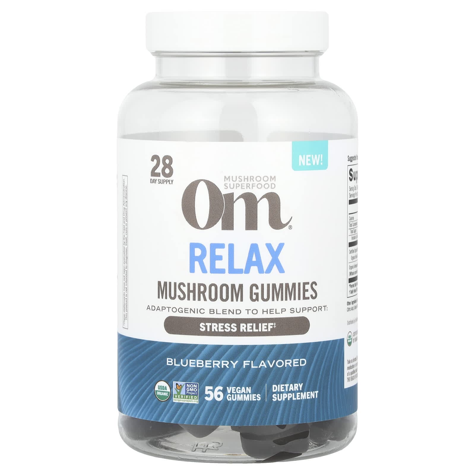 Om Mushrooms, relaxation mushroom gummies, blueberries, 56 vegan gummies