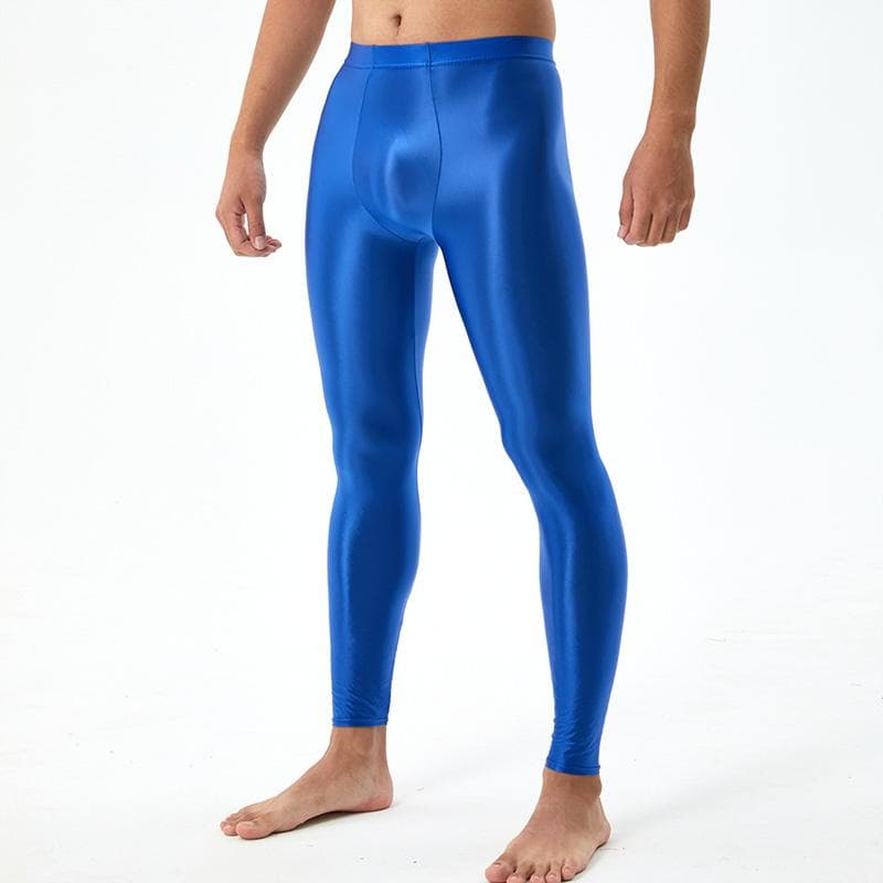 Men's Silky Smooth Sexy Tight Leggings U Convex Glossy Pants Bodybuilding Plus Size Shiny M blue