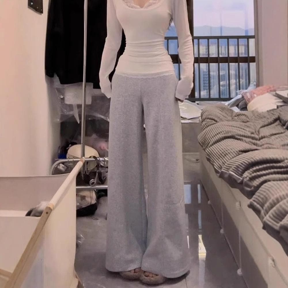 Lace Flip Waist Design and Velvet Wide-leg Pants for Women's Autumn and Winter New Loose Versatile Sports Pants XL
