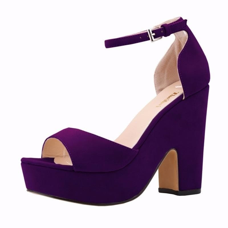 Summer Ankle Strap Sandal 12cm Women Pumps Sexy Peep Toe Square High Heels Woman Shoes Flock Platform Wedding Shoes 36 purple