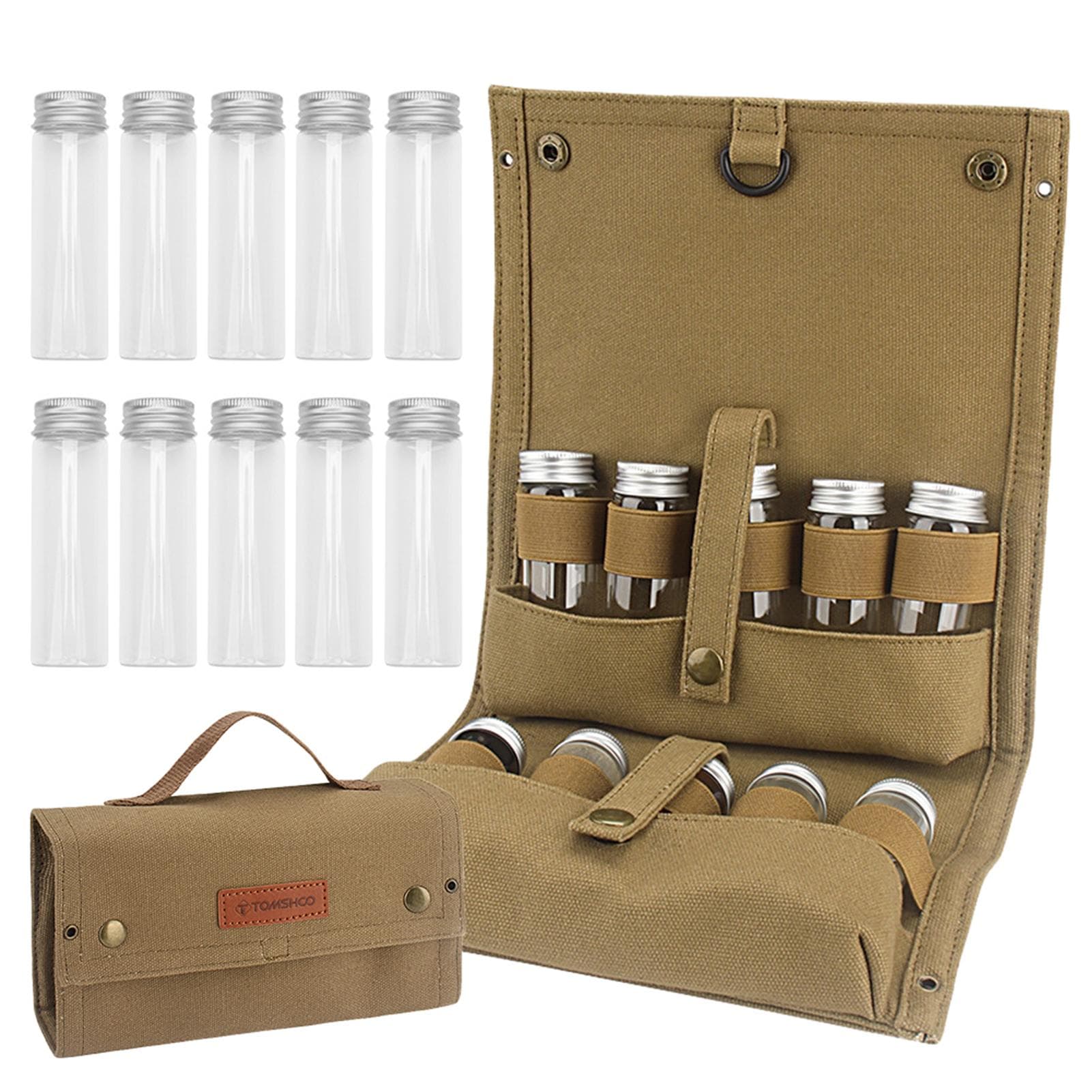 TOMSHOO Portable Spice Bag with 10 Spice Jars Canvas Seasoning Storage Bag Organizer Seasoning khaki