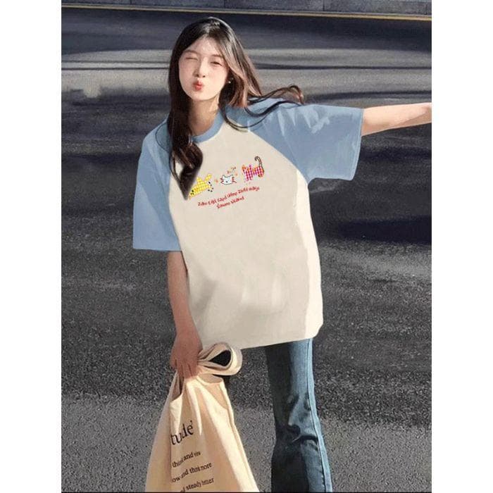 College Style Outfit with Large Size Rag-shoulder Color Block Short-sleeved Cotton T-shirt for Girls In Spring and Summer New Loose Round Neck Top XXXL