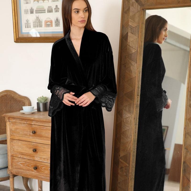 Sleepwear Dressing Gown Nightdress Autumn Winter Velvet Nightgown Kimono Robe Sexy Lace Long Nightwear Bathrobe Loose Home Wear XL black