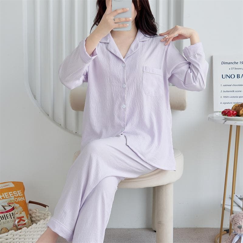 Sweet Loose Pajamas Set Women's Long Sleeved Lapel Shirt Trousers Suit Sleepwear Minimalist Casual Home Wear Intimate Lingerie XL