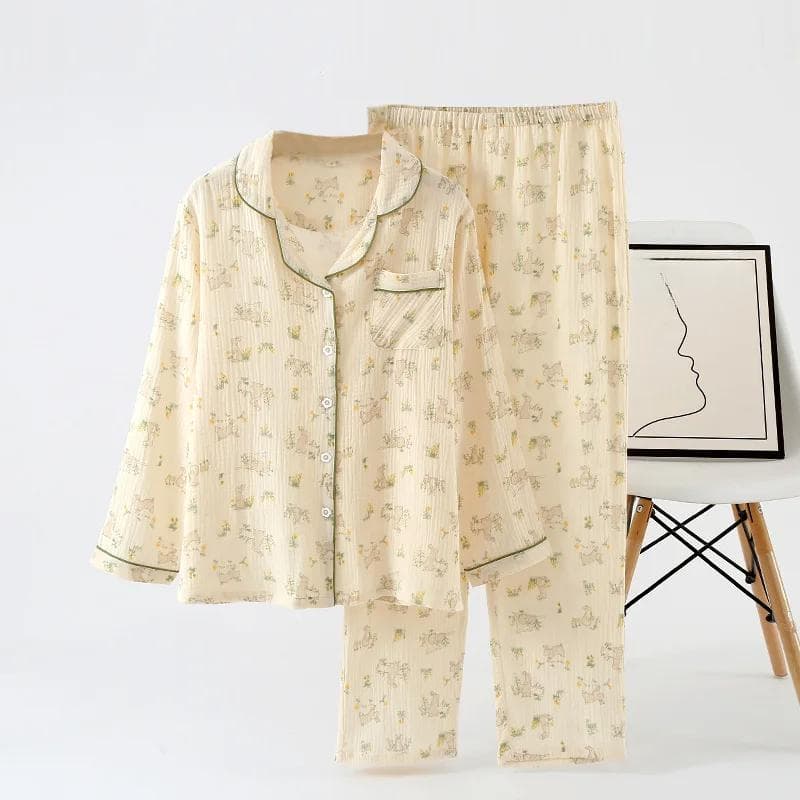 Spring and Autumn New Women's Pajamas Long Sleeve Long Pants Two Piece Set of 100% Cotton Ladies Crepe Home Furnishing Set XL
