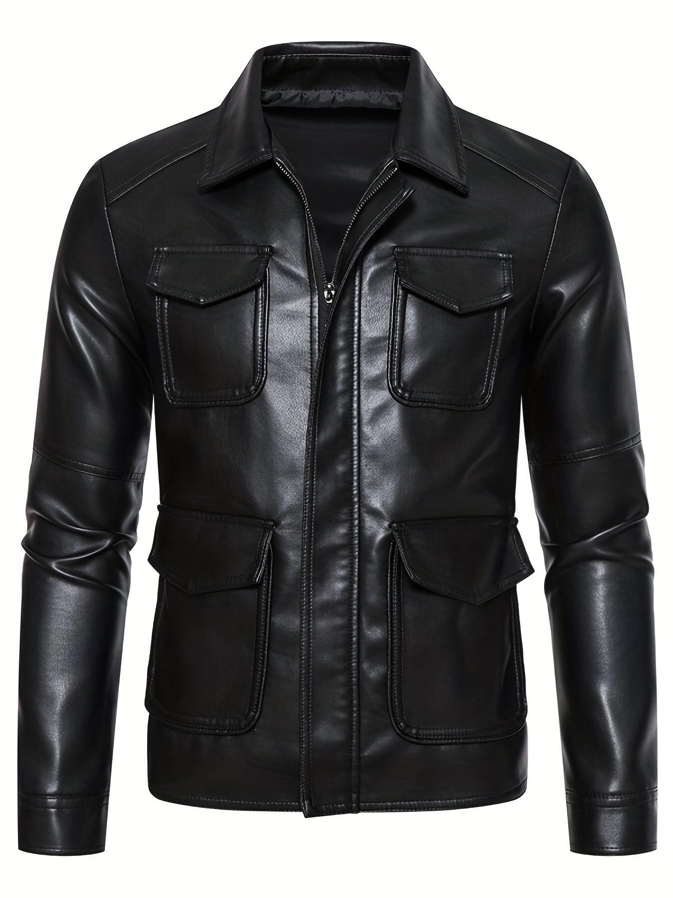 Flap Pockets PU Biker Jacket, Men's Casual Solid Color Zip Up Lapel Faux Leather Jacket For Spring Fall XXXXL black