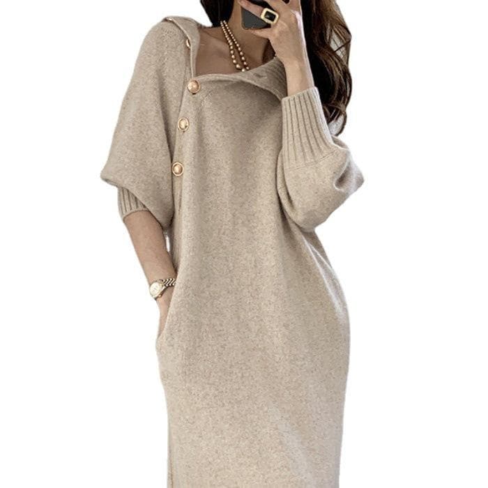 Autumn and Winter Vintage Turtleneck Chic Button Two-wear Sweater Skirt Quality Lace-up Waist Knit Dress. XL apricot