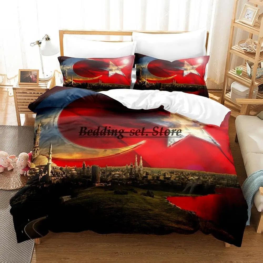 Turkey Flag Bedding Set Single Twin Full Queen King Size Bed Set Aldult Kid Bedroom Duvetcover Sets 3D Print Anime Bed Sheet Set US Queen 228x228cm