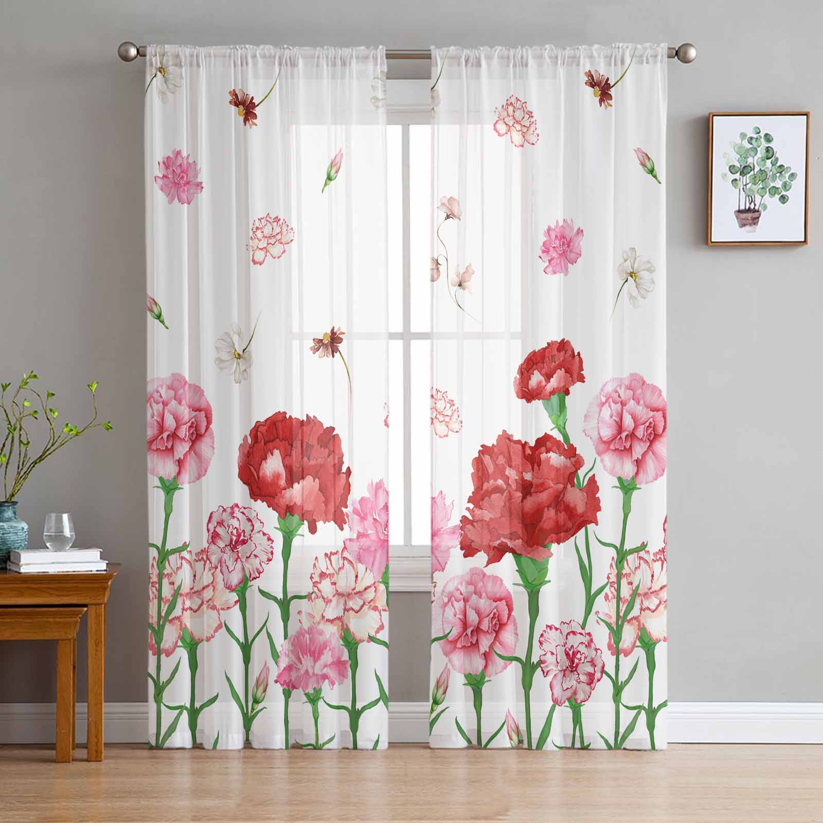 Watercolor Flowers Pink Red Carnations Mother'S Day Tulle Window Curtain for Bedroom Luxury Drapes in Living Room Chiffon Panels 135W x 114H(cm)