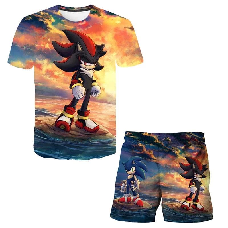 2025 MINISO New boys and girls super sonic Tshirts+shorts Harajuku Sonic print suit T-shirt + shorts fashion street style children's short sleeves 150