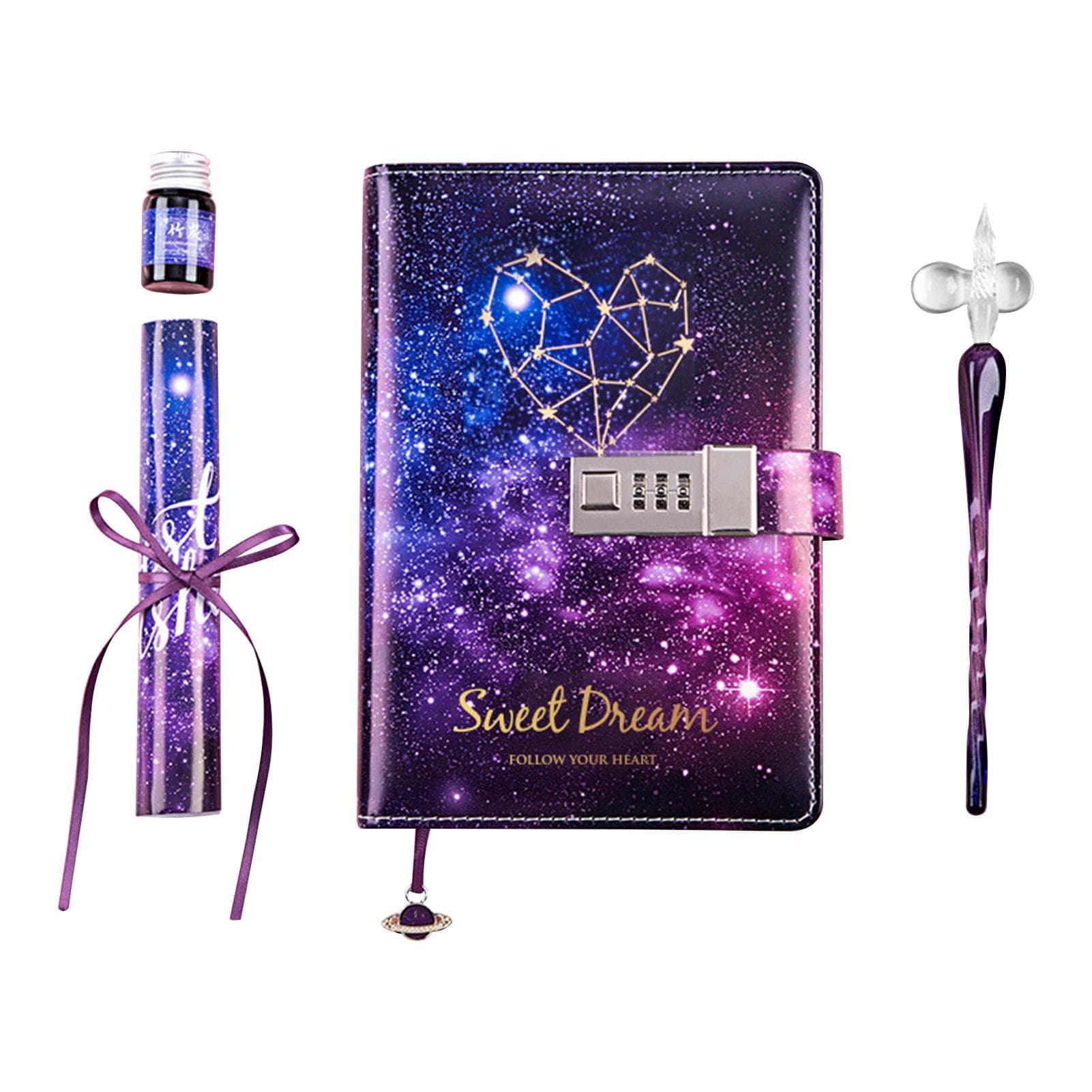 B6 Binder Leather Diary with Lock Digital Notebook Journal Constellation Daily Planner for Women Heart