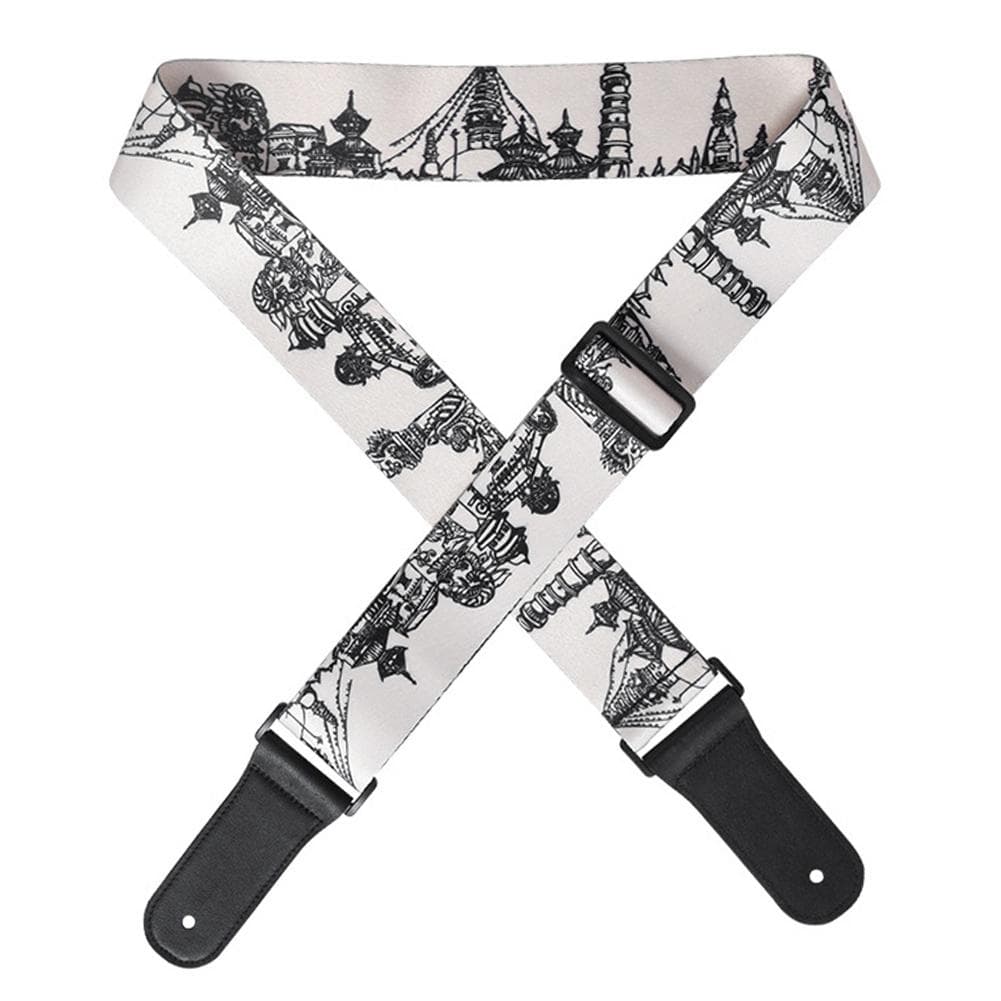 Leather Shoulder Strap Black White Printed Adjustable Length Durable for Bass Folk Guitar