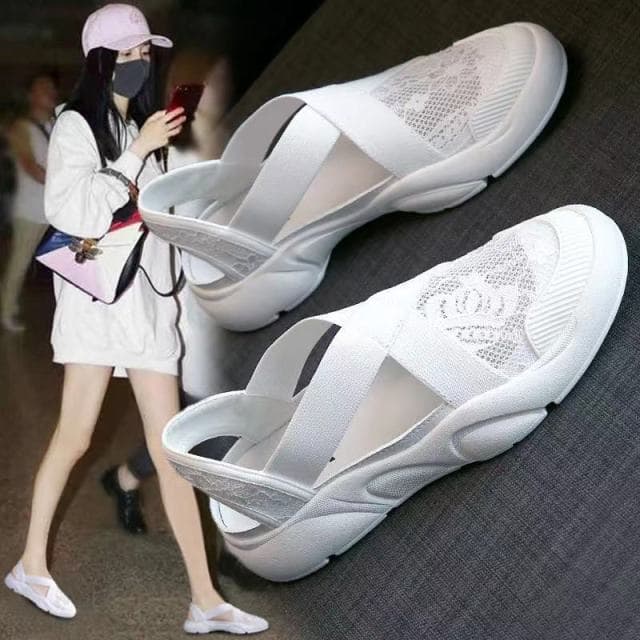 One-pedal Fisherman Shoes Sports Toe Sandals Female 2021 Mesh Student Wild Fairy Style Flat White Women Shoe Women Sandals 38 white