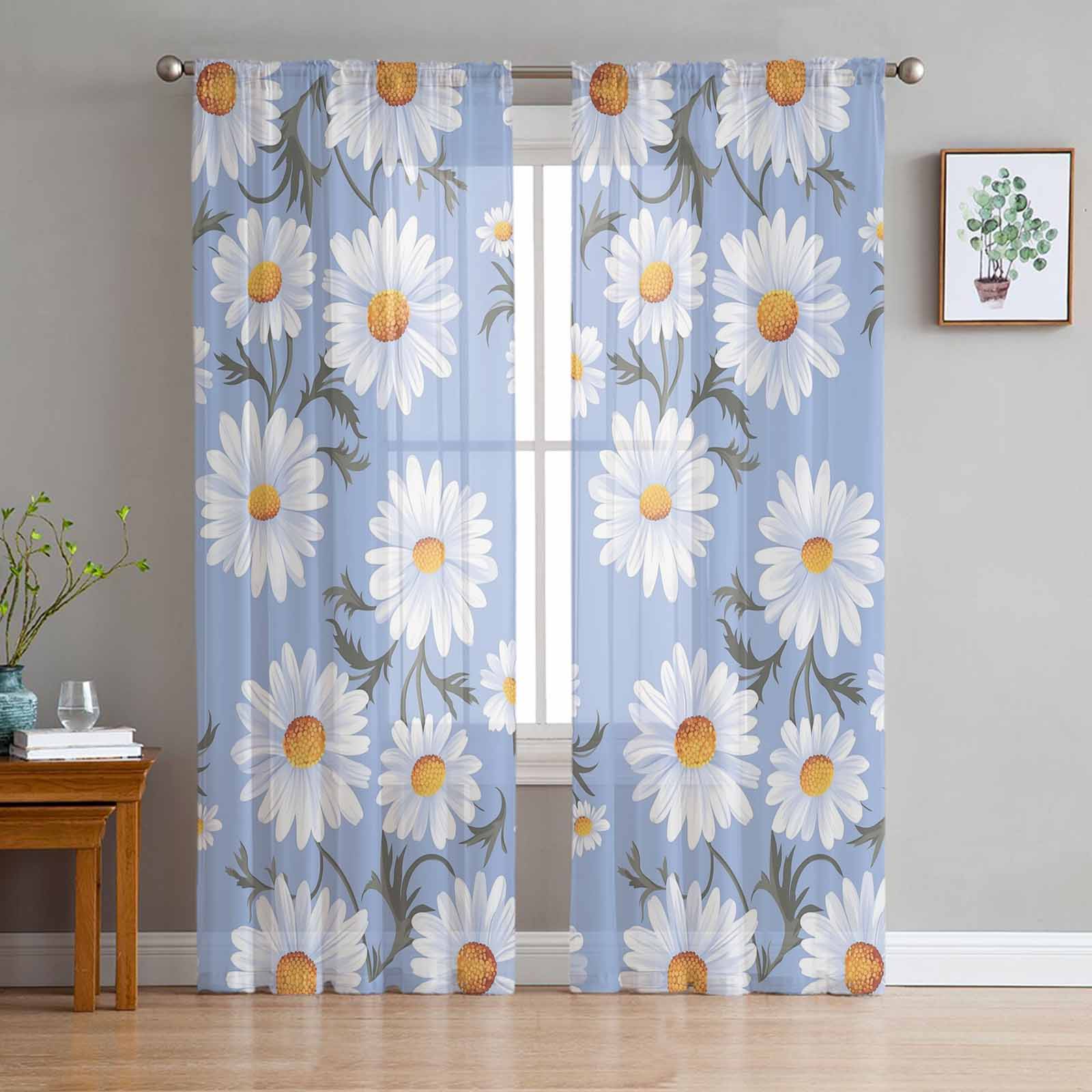 Hand-Painted Floral Chrysanthemum Minimalist Tulle Window Curtains for Bedroom Luxury Home Drapes in Living Room Chiffon Panels 135W x 114H(cm)