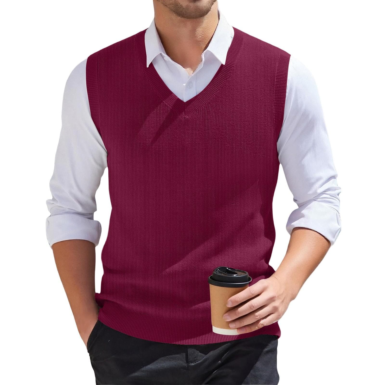Men's V-neck Vest Sleeveless Knitted Pullover XXXL wine
