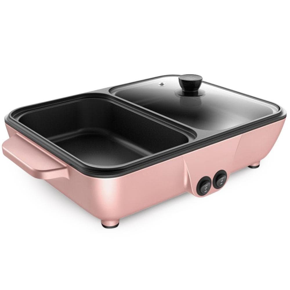 Electric Grill Pan 2 Speed Household Multifunctional Small 2L Hot Pot Barbecue One Pot 1200W High Power Dormitory Mini Barbecue Machine EU Plug pink