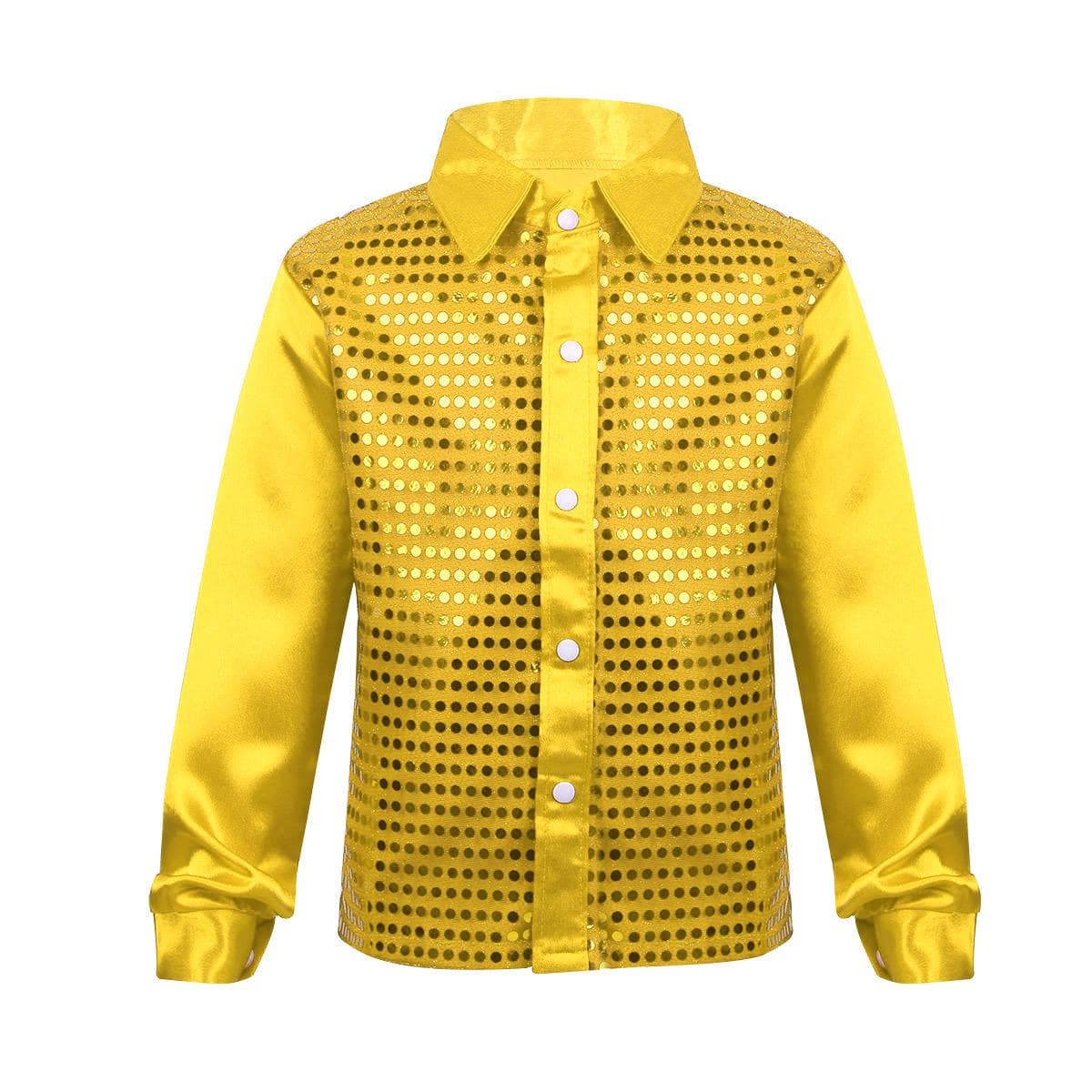 Kids Boys Sequins Long Sleeve Button Down Dance Shirts for Hip Hop Jazz Latin Dance 10-12 Years gold