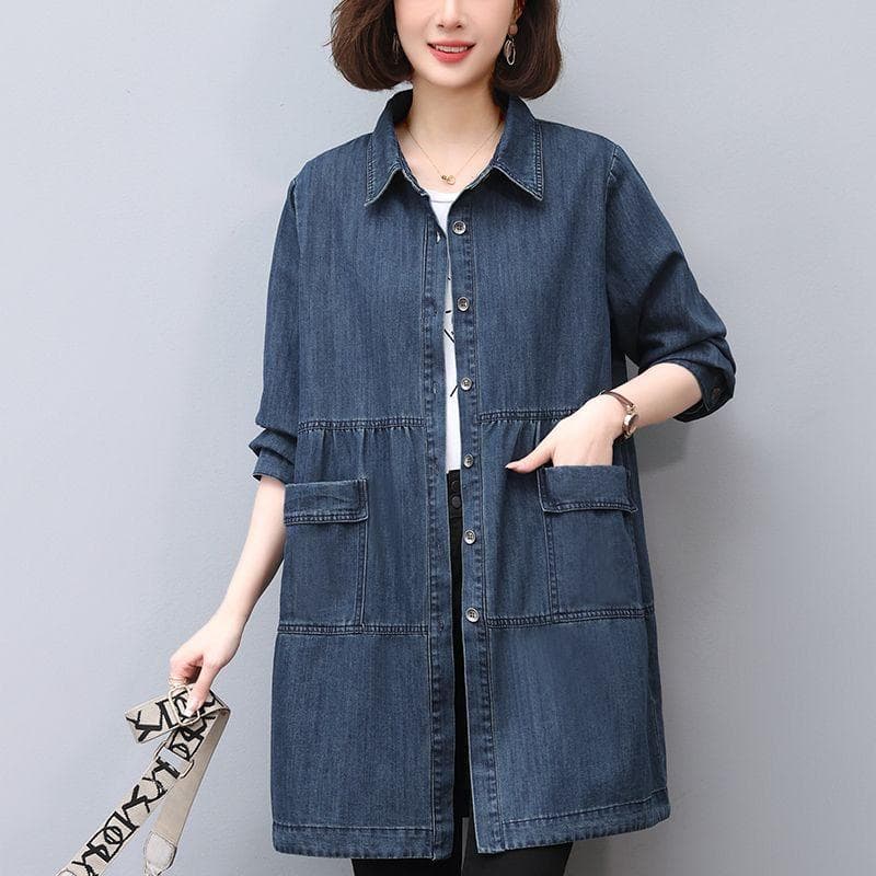 Large Size Spring and Autumn Mid Length Trench Coat, Women's New Denim Top M dark blue